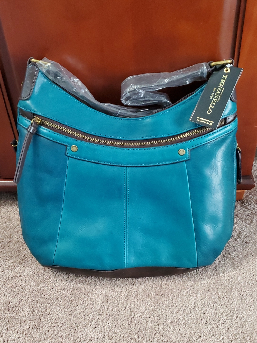 BRAND NEW!!  Tignanello Teal Leather Shoulder Hobo with Gold Hardware